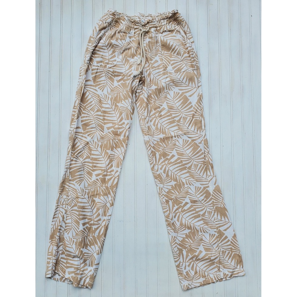 Cali 1850 Tan White Palm Leaf Linen Blend Wide Leg‎ Paperbag Waist Pants Small